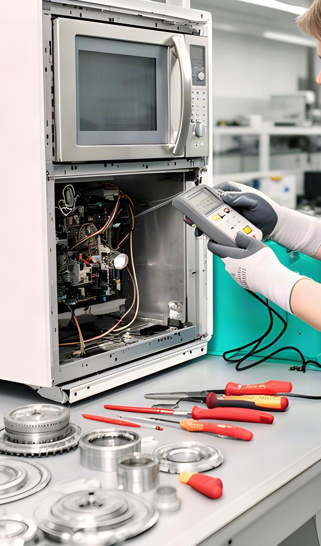Especialista comprobando un microondas desmontado en un taller de reparación