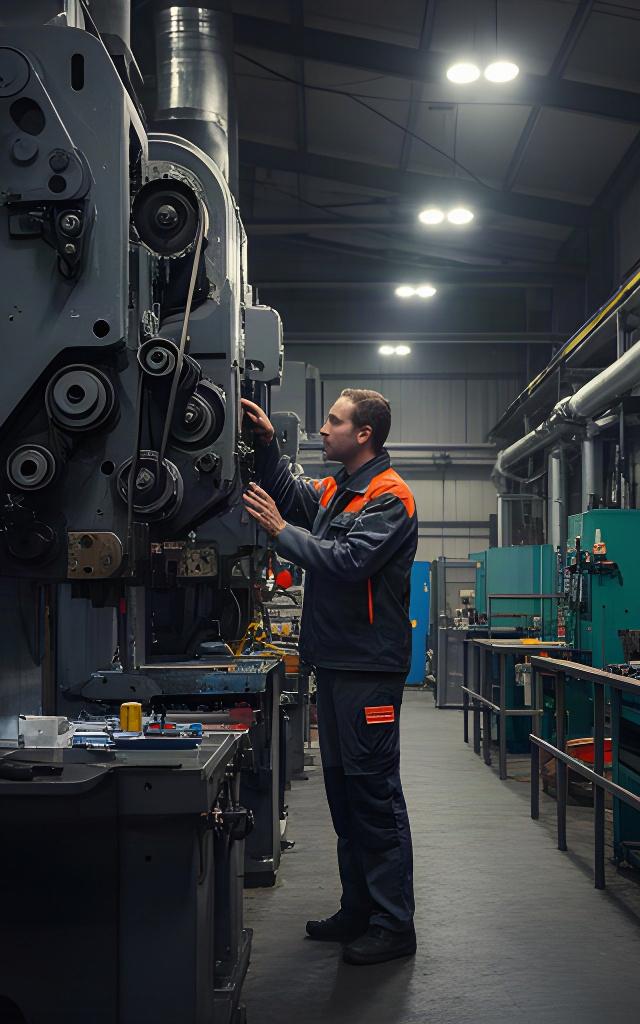 Técnico inspeccionando maquinaria industrial en un taller de mantenimiento