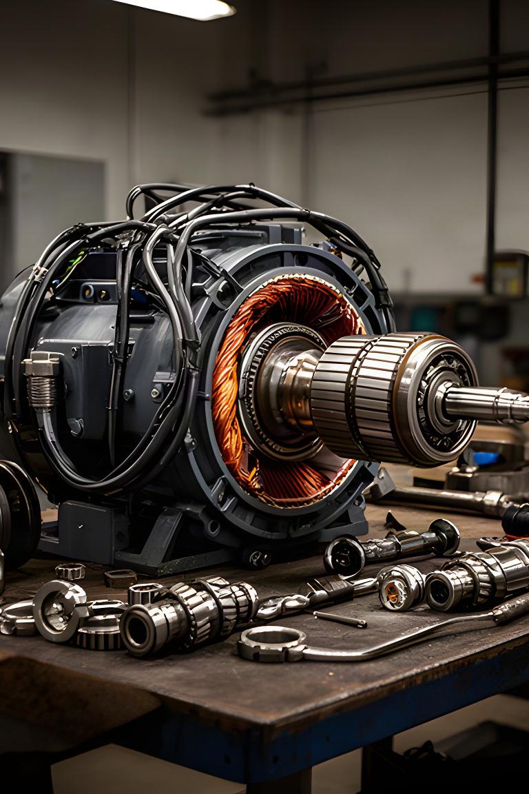 Motor eléctrico industrial desmontado sobre una mesa de mantenimiento técnico